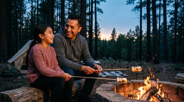 Happy Hispanic father and daughter roasting marshmallows by a campfire in a forest