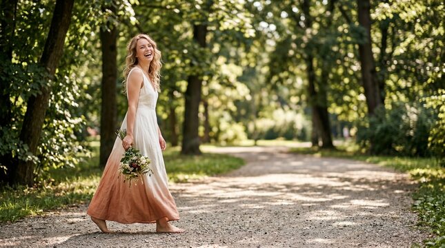 Happy woman in summer dress walking barefoot with wildflowers on sunlit forest path.