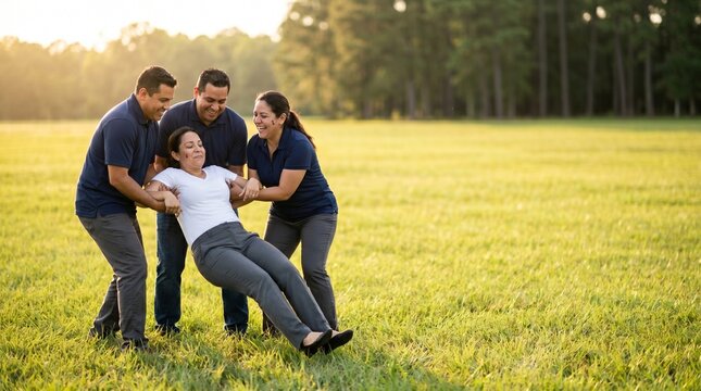 Hispanic colleagues practicing trust fall during outdoor team building retreat