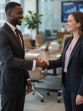 Confident Business Handshake with Eye Contact and Natural Smile in Office