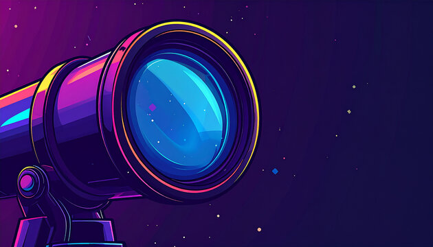 Colorful illustration of a telescope with a bright lens against a starry purple background
