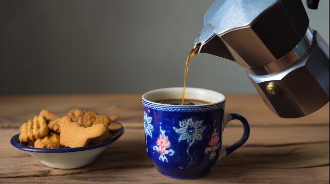 Coffee being poured into a blue floral mug.