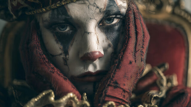 A dramatic portrait of a sad clown face in vintage costume