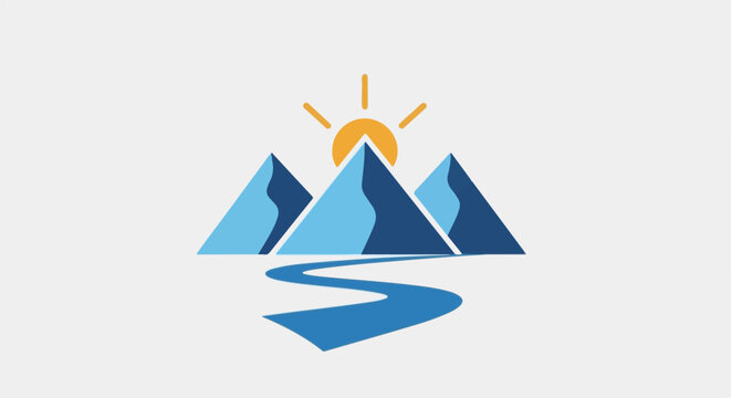 Stylized mountains with a river flowing and sun rising over them