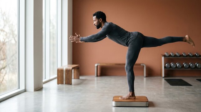 Black man performing yoga balance pose on platform in modern fitness studio.