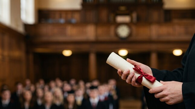 Graduate holding diploma with red ribbon during university graduation ceremony.