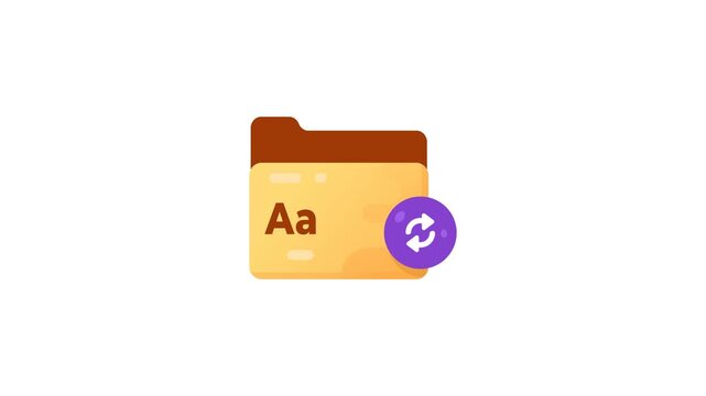 4K animation of Yellow folder labeled 'Aa' with a purple sync badge representing font sync, typeface update, typography asset management, and UI design tools for designers