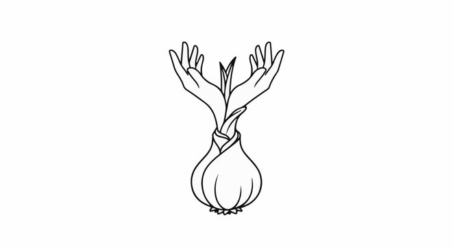 Stylized line art shows a bulb with leaves and cupped hands