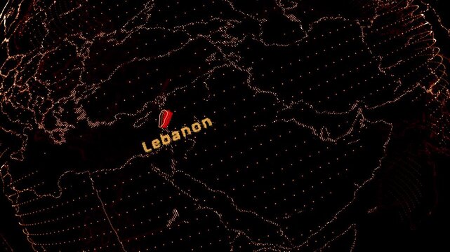  Lebanon Map Highlight on Rotating Digital Globe.