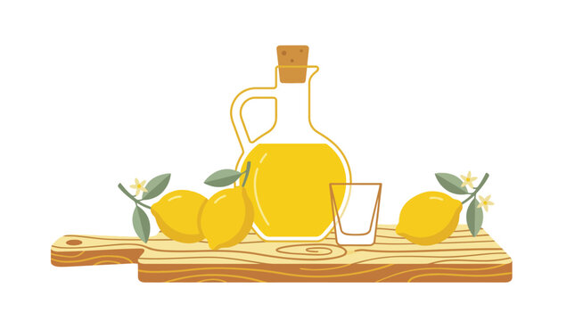A still life illustration featuring a glass bottle of yellow liquid, a small shot glass, and lemons on a wooden cutting board.