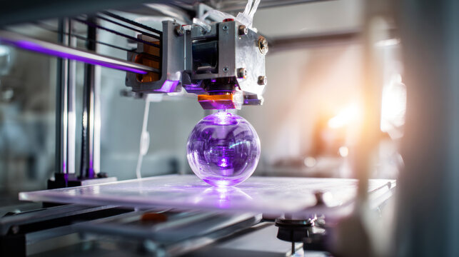 Advanced 3D printer producing a complex sphere. Additive manufacturing for innovation, research, and rapid prototyping applications