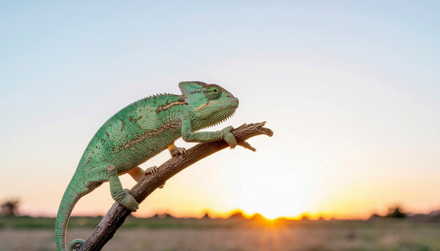 夕陽のまえで枝にのるカメレオン