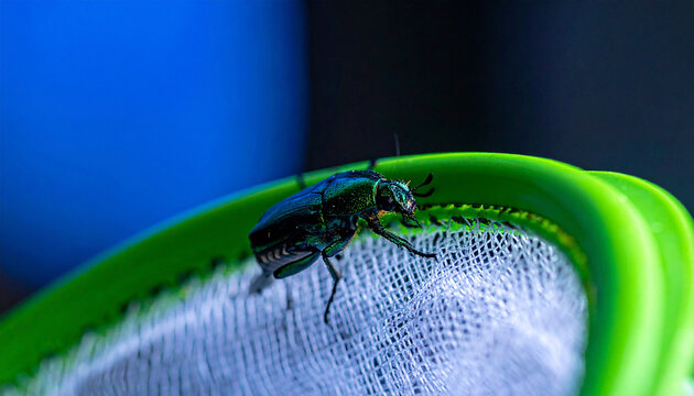 Green Metallic Beetle Crawling on a White Mesh with Green Edge insect green beetle