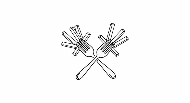 Two forks crossed with french fries on tines, black outline