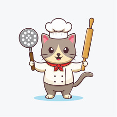 Fototapeta premium Cute Cat Chef Holding Kitchen Utensils