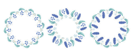 Set of three circular floral wreaths with blue and teal leaves, berries, and flowers, decorative botanical frames on white background, perfect for invitations, logos, and seasonal artwork © Lipitorika