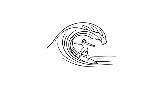 Minimalist outline of a surfer riding a breaking wave