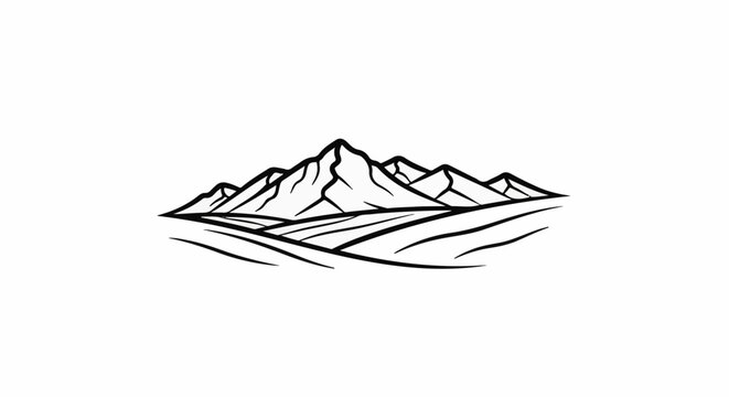 Stylized mountain range with rolling hills in a minimalist black and white outline