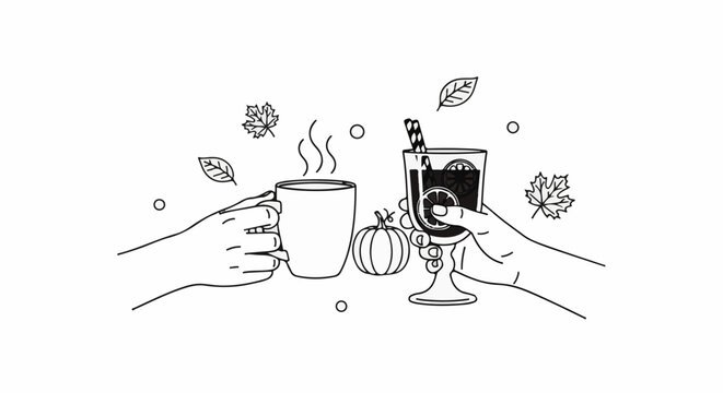 Two hands hold warm drinks with fall leaves and a pumpkin