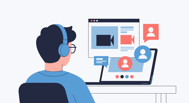 Person wearing headphones looking at a laptop screen displaying a video conference with multiple participants
