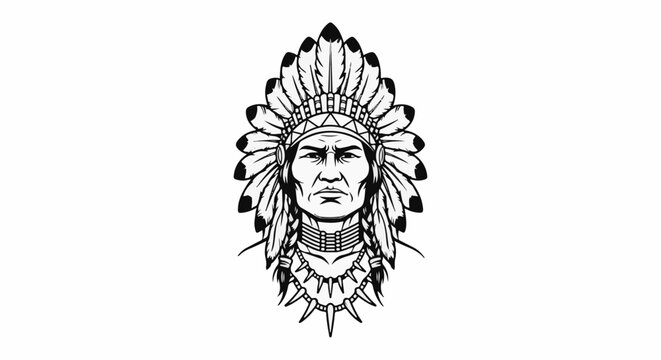 Stylized portrait of a Native American man with elaborate feather headdress