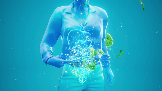 Conceptual 3D animation of a woman with visible microbiome and flying green leaves
