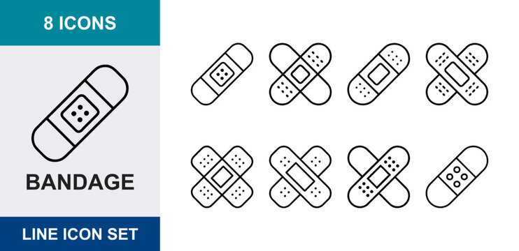 Bandage linear icons, medical plaster, wound dressing, adhesive patch, first aid, healthcare, injury care, UI web interface design