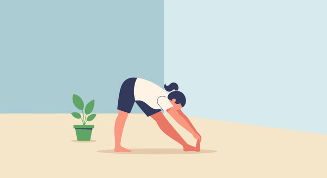 A person performing a forward fold yoga pose to stretch hamstrings and improve flexibility, promoting a healthy lifestyle