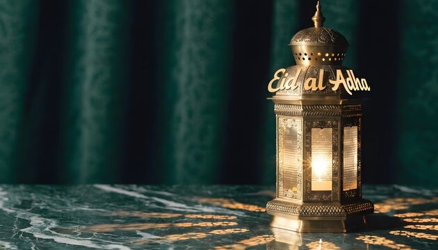 Eid al-Adha celebration with antique brass lantern glowing on marble table