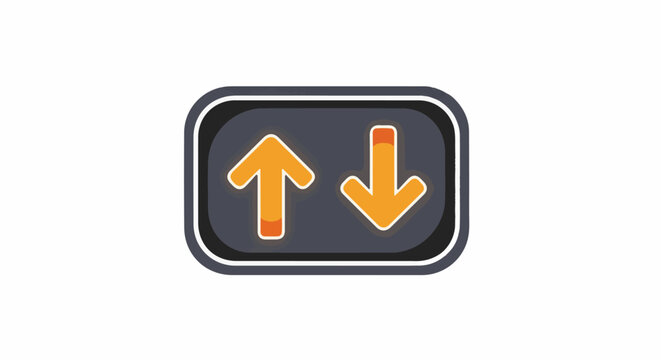 A stylized icon features two contrasting orange arrows within a dark rectangular shape