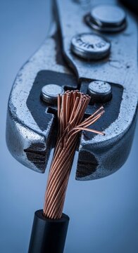 Close up of metal wire cutters stripping copper cable for electrical work in a workshop or industrial setting