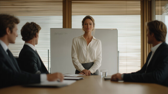 Real estate negotiation stalls mid-session around a conference table, two agents on opposite sides of printed offer sheets, a third party leaning back with arms crossed. A whiteboard behind holds a 