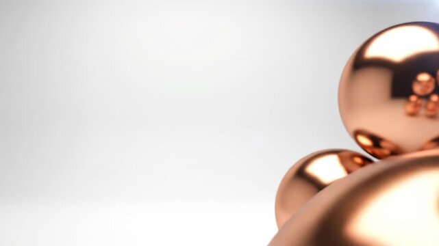 Clusters of metallic copper spheres reflecting light and each other on a clean, bright reflective surface, abstract background, 3d render