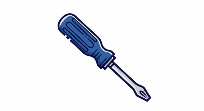 Stylized blue screwdriver with a silver metal tip on a white background