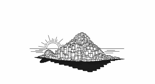 Stylized sun rises over hexagonal rock formations along the coast