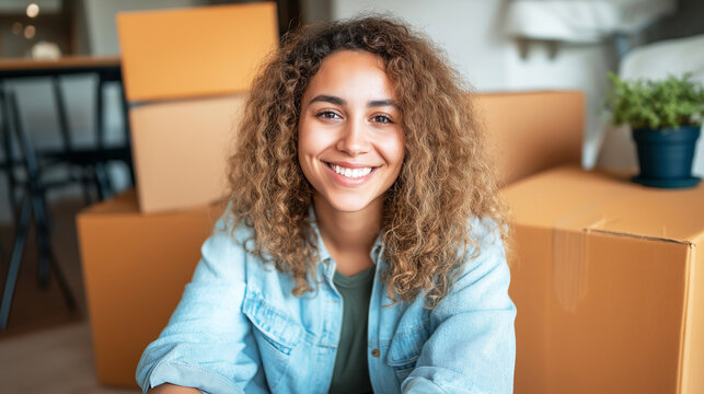 Young woman smiling, sitting among moving boxes, happy with new home relocation, feeling positive about domestic life
