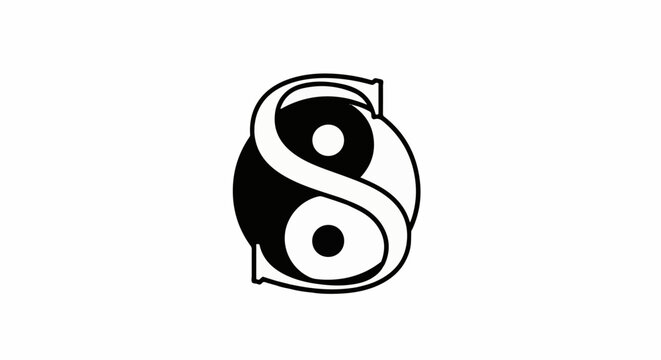 Abstract yin yang symbol in black and white, with outer frame