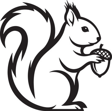 Black and white of a squirrel sitting and holding an acorn also transparent background