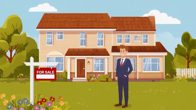Cartoon vector illustration of a modern single-family home for sale in a suburban setting, featuring a professional male real estate agent.