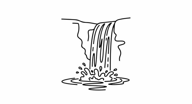 Simple line art depicts a cascading waterfall with splashes of water