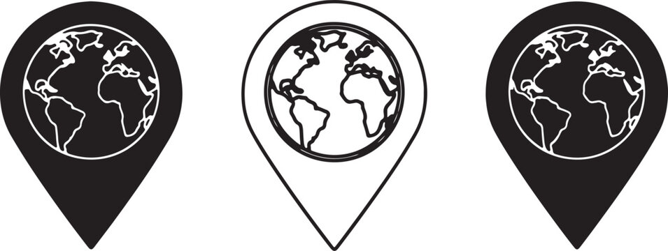 Three black and white map pointers with globe each displaying a map also transparent background, globe map