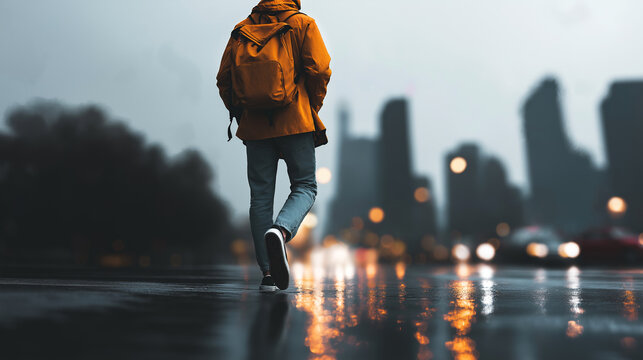 Person with backpack walking on rainy city street, reflecting urban lights, exploring solitude in metropolitan journey