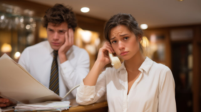 Property management office receptionist holds a phone to one ear while a frustrated tenant slides a folder of printed complaints across a laminate counter. Fluorescent overhead lighting hums above a