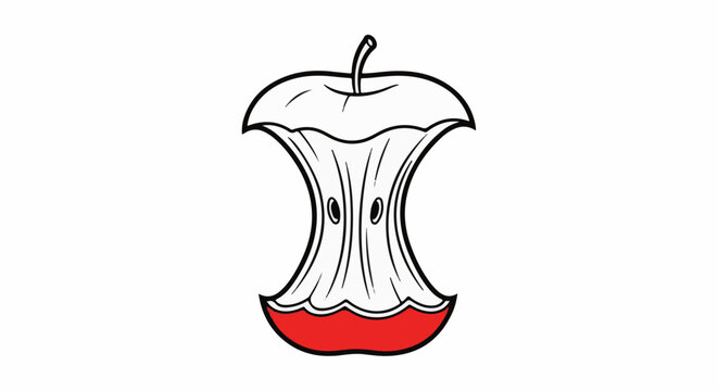 Cartoon apple core with a stem and red bottom, black outlines