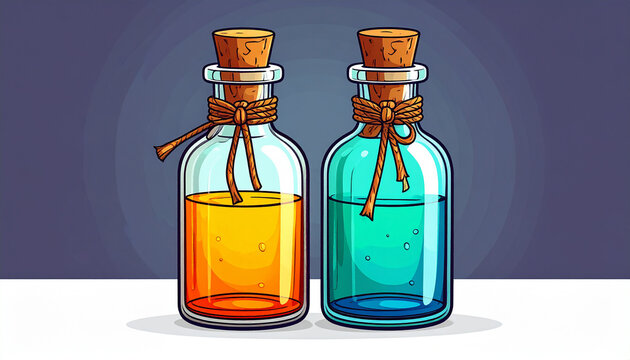 Two Cartoon Glass Bottles with Corks and Tied Bows Containing Orange and Blue Liquids