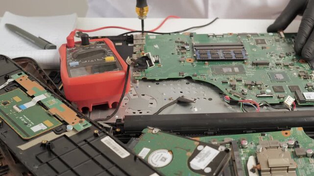 Close up of laptop motherboard repair with multimeter and tools, electronics diagnostics process with precision instruments on workbench