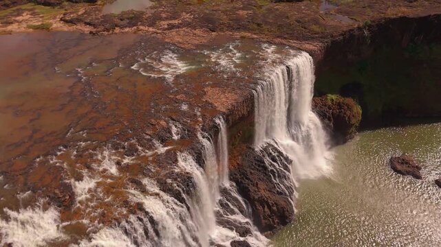 Wide Aerial Drone Footage Sae Pong Lai Waterfall Jungle Landscape Attapeu Province Southern Laos Southeast Asia