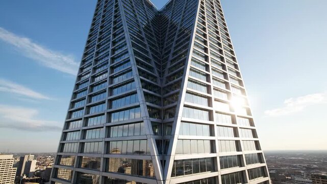 Modern glass skyscraper with geometric facade and reflective windows, urban architecture detail, sharp angles, city skyline below, clear blue sky
