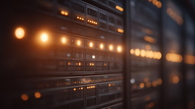 Quantum random number generation server rack with blinking entropy indicator lights, close detail of front panel in dark server room, hardware infrastructure, cryptographic entropy source, cybersecu