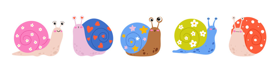 Cute snail clipart set with colorful shells. Hand drawn doodle illustration for kids room decor, stickers, nursery posters, baby shower stationery and summer covers. Flat vector © Svitla